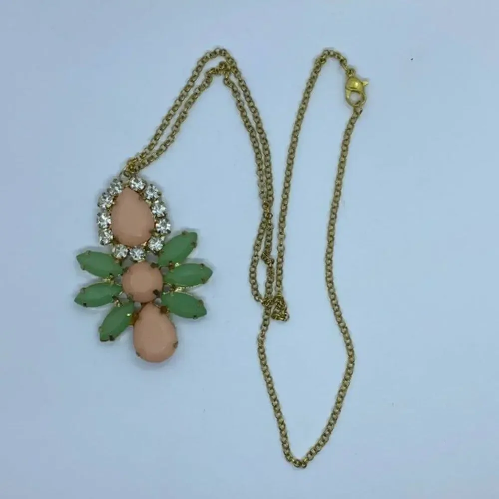 Gold-Tone Pink Green Gemstone Rhinestone Necklace